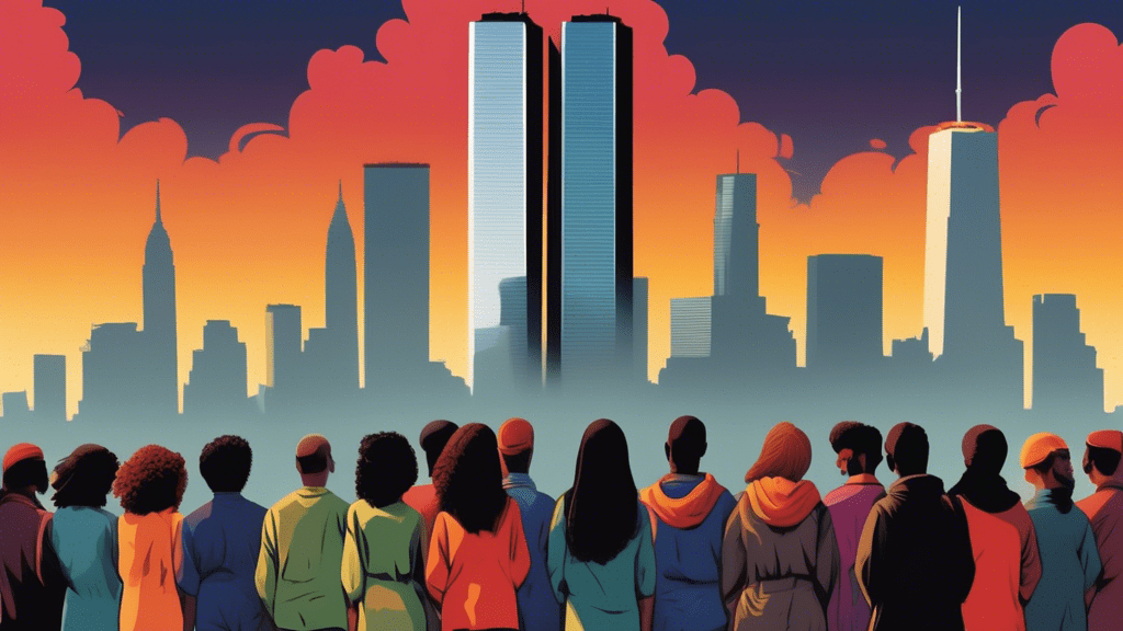 A poignant illustration of the diverse cast of 'The 9/11 Movie' gathered under a soft, somber sky, with the silhouette of the Twin Towers in the backdrop, symbolizing unity and remembrance.