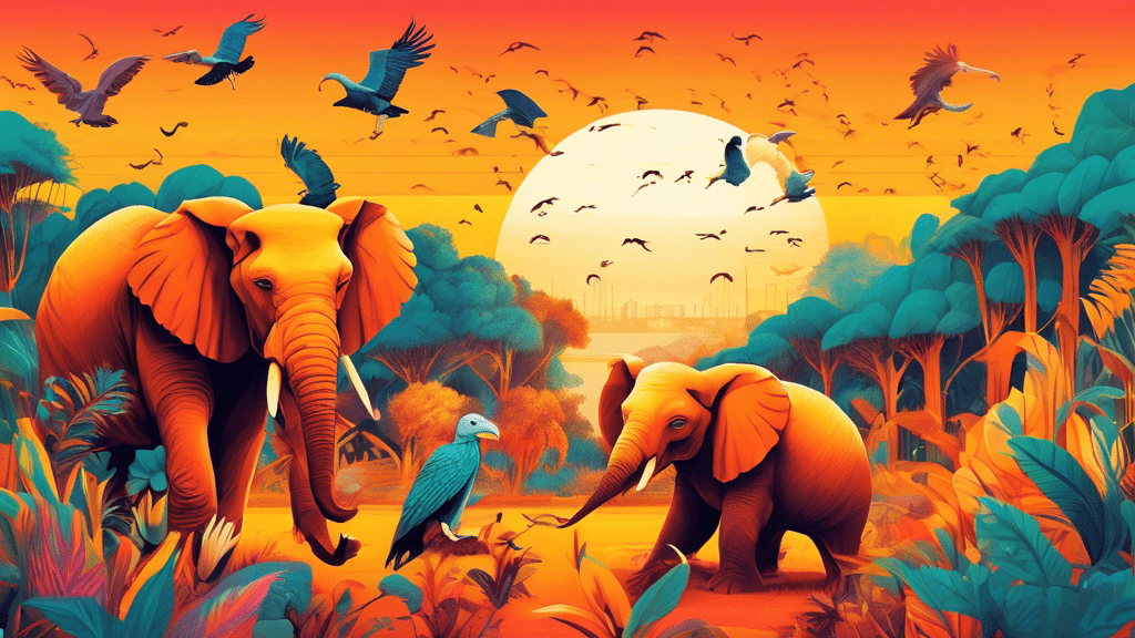 Create a vibrant, detailed illustration showcasing a collection of amazing animals beginning with the letter 'E', such as elephants, eagles, and echidnas, in their natural habitats, interacting peacefully under a golden sunset.