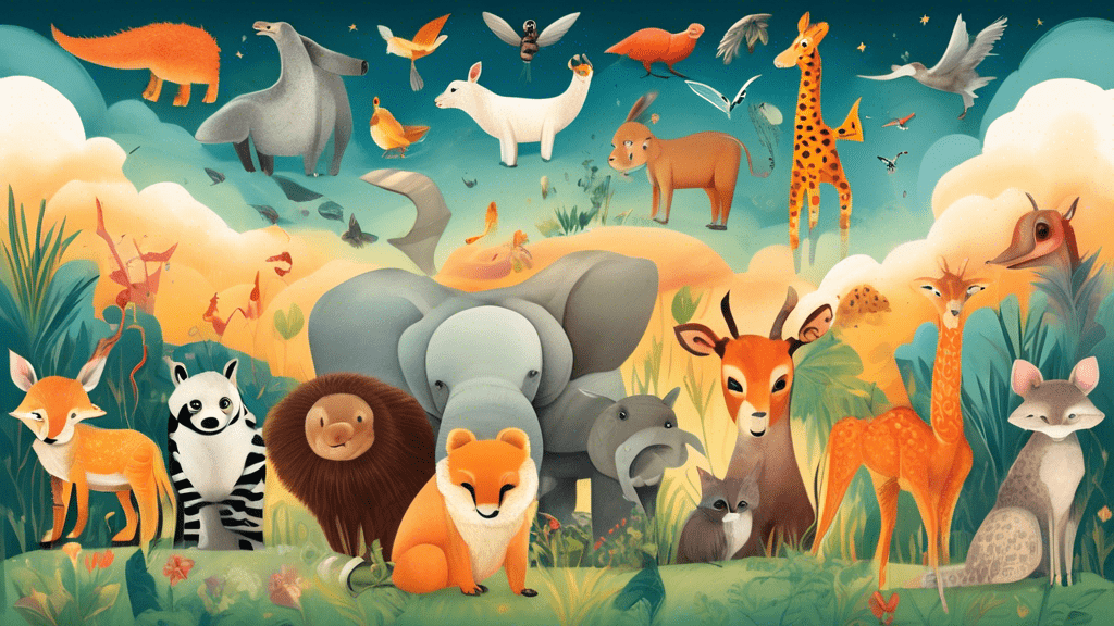 An enchanting illustration showcasing a collection of diverse and unique animals whose names start with the letter X, set in their natural habitats, with each animal labeled with its name for identification, under a radiant and inviting sky.