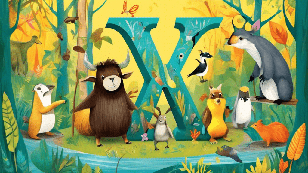 Create an enchanting illustration showcasing a vibrant alphabet book page with a variety of animals that start with the letter Y, including a yak, a yellow-eyed penguin, and a Yucatan squirrel, interacting in a whimsical, enchanted forest setting.