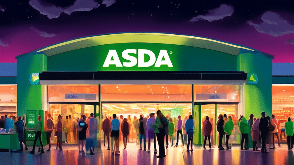 Digital painting of a bustling Asda supermarket entrance with a large, glowing clock displaying the current time above the door and a diverse group of shoppers looking at their watches and smartphones, under a sky transitioning from day to night.