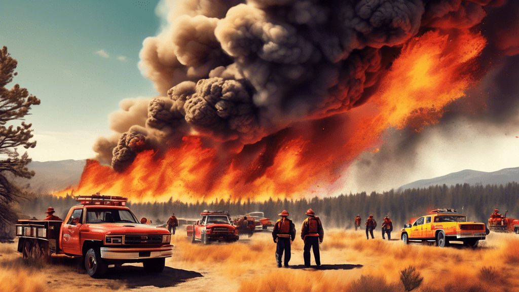 Artistic concept visualization showcasing a dynamic and engaging movie set of 'Only the Brave', capturing the essence of teamwork and bravery in action, with actors performing daring stunts amidst realistic wildfire special effects in a panoramic view.