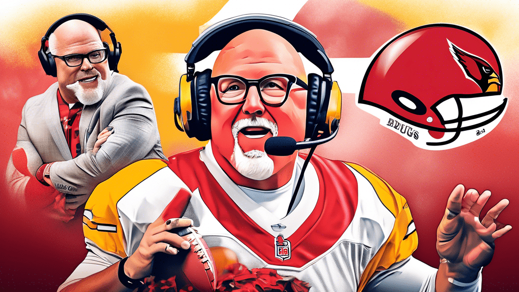 Create a detailed, vibrant portrait of Bruce Arians wearing a headset and holding a football, with a background collage illustrating his coaching career milestones and the teams he has been affiliated with, featuring the Arizona Cardinals, Pittsburgh Steelers, and Tampa Bay Buccaneers, displayed in a dynamic and inspirational style.