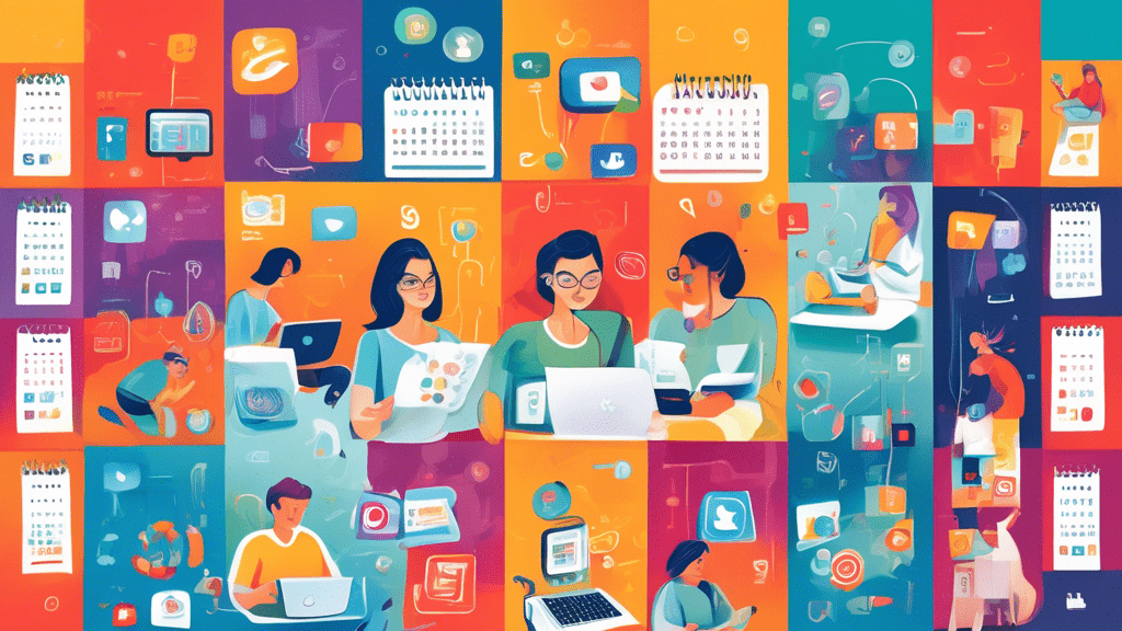 A detailed, colorful illustration of a content creator meticulously planning and organizing social media posts on a large, visually appealing calendar with icons representing different social media platforms, surrounded by digital marketing tools and vibrant engagement metrics floating around.