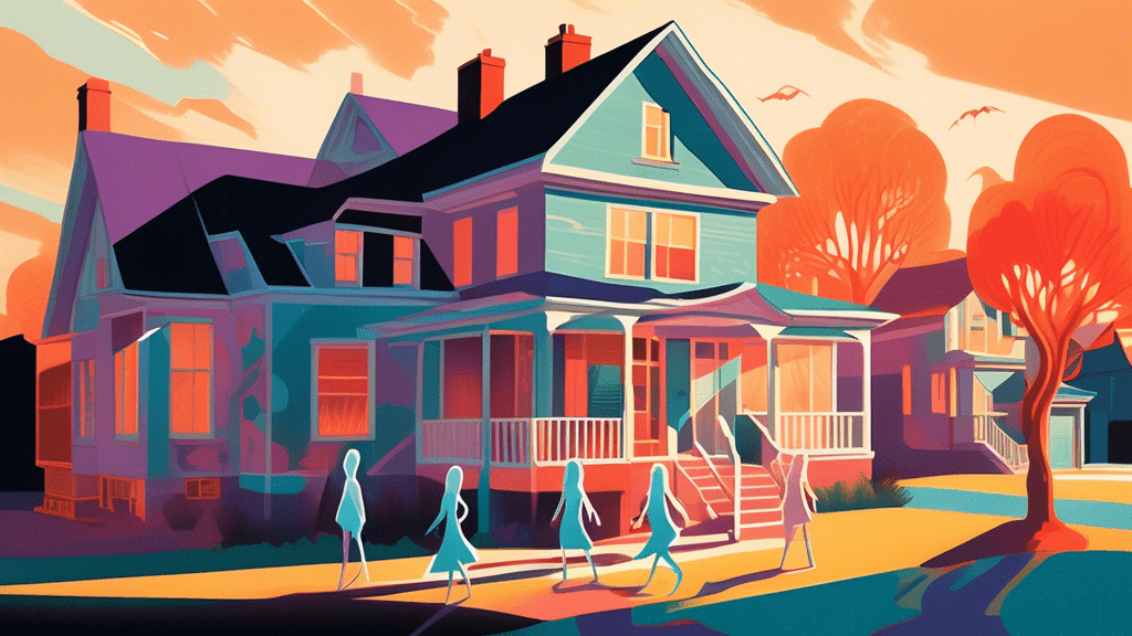 Whimsical yet eerie portrayal of a sunlit suburban house, casting long shadows, with ghostly translucent figures of five sisters gazing out of the windows, surrounded by floating rumors and myth-busting facts.