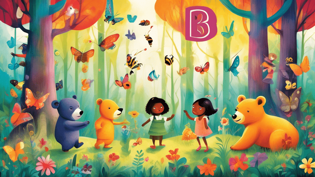 A whimsical illustration of children on a magical adventure, discovering various animals that start with the letter 'B' such as bears, bees, and butterflies, in a colorful, enchanted forest setting.