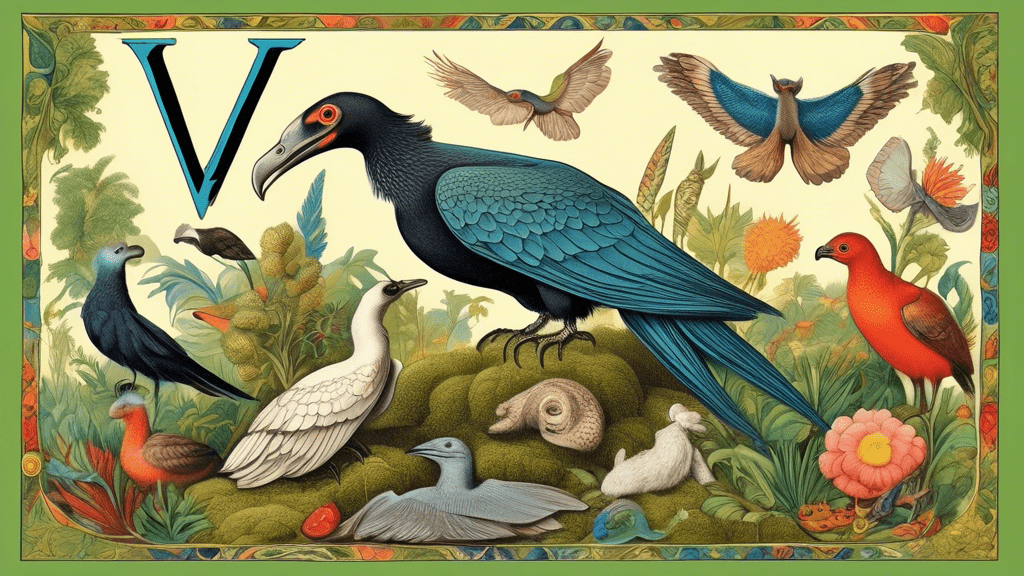 An illustrated encyclopedia page showcasing a vibrant and diverse collection of animals that start with the letter V, including a Vulture in flight, a Viper coiled around a branch, a Vaquita swimming, and a Velvet Worm crawling on moss, all surrounded by a decorative alphabetical border with the letter V.