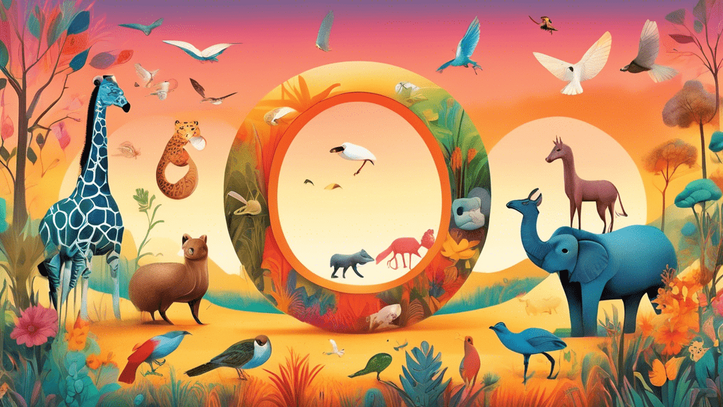 An enchanting illustration showcasing a diverse assortment of animals whose names start with the letter 'O', highlighted in their natural habitats under a radiant alphabet-themed sunset.