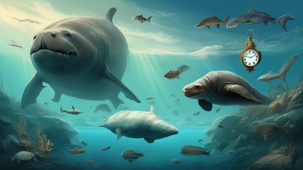 An enchanting digital painting showcasing a group of the world's longest-living animals, including a Greenland shark, a bowhead whale, an Aldabra giant tortoise, and a Tuatara, peacefully coexisting in a timeless, serene landscape, with a clock and an hourglass subtly integrated into the scenery, symbolizing eternity and the passage of time.