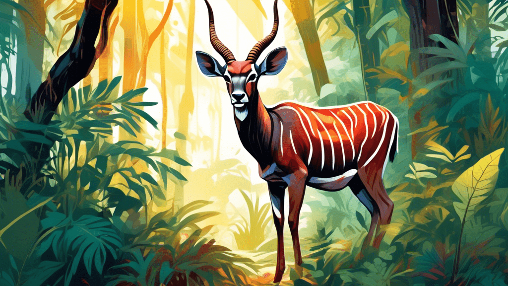 A majestic Nyala gracefully wandering through the lush, vibrant undergrowth of a secluded African forest, with sunbeams piercing softly through the dense canopy overhead.