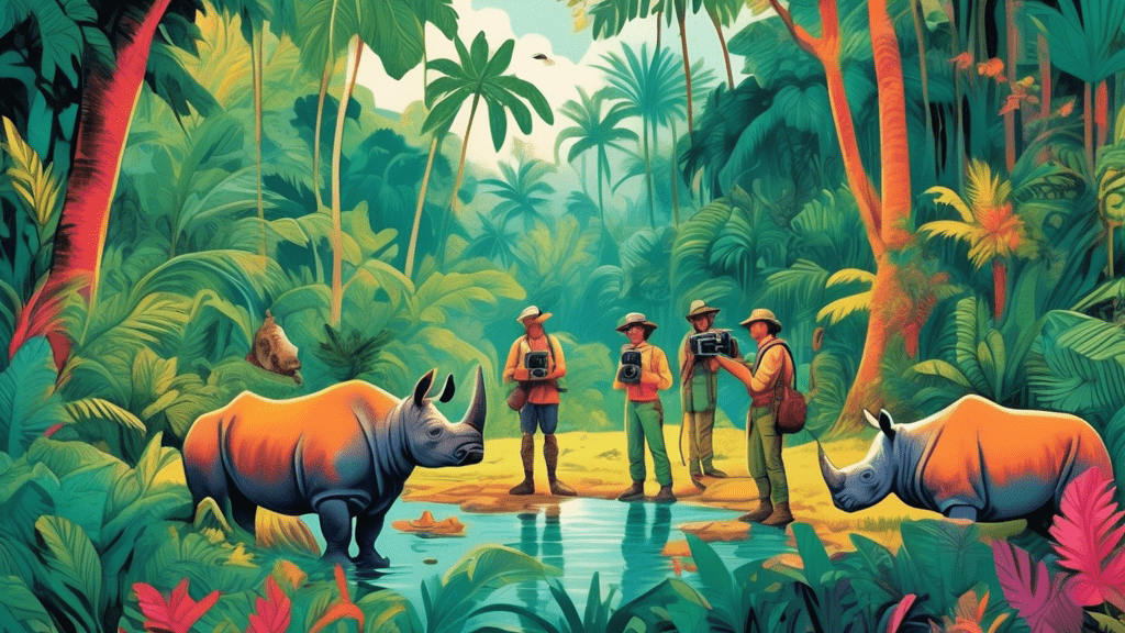 Create an enchanting illustration showcasing a group of explorers with cameras and notebooks, standing in awe in a lush, vibrant, and untouched jungle clearing, as they observe a collection of the world's rarest animals, including a Javan Rhino, a Vaquita porpoise, and a Saola, all peacefully coexisting in this hidden paradise.