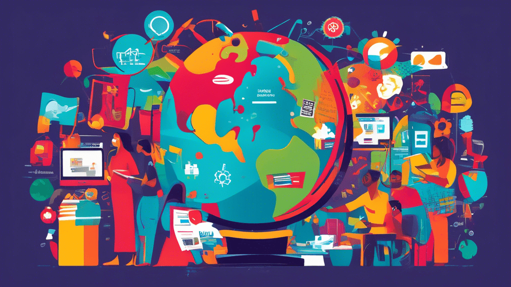Vibrant illustration of a globe surrounded by diverse digital marketing tools and multicultural business teams collaborating, under a banner reading 'Effective Strategies for Global Business Promotion'.
