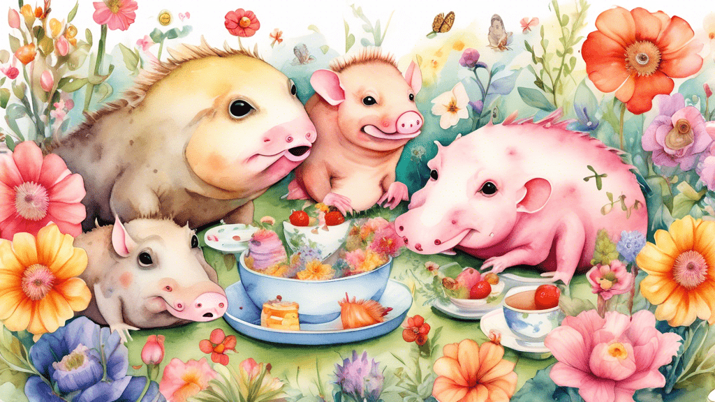 A whimsical watercolor painting showcasing a group of traditionally 'ugly' animals (like blobfish, naked mole rats, and warthogs) having a joyful tea party in a colorful flower garden, celebrating their unique beauty with pride and elegance.