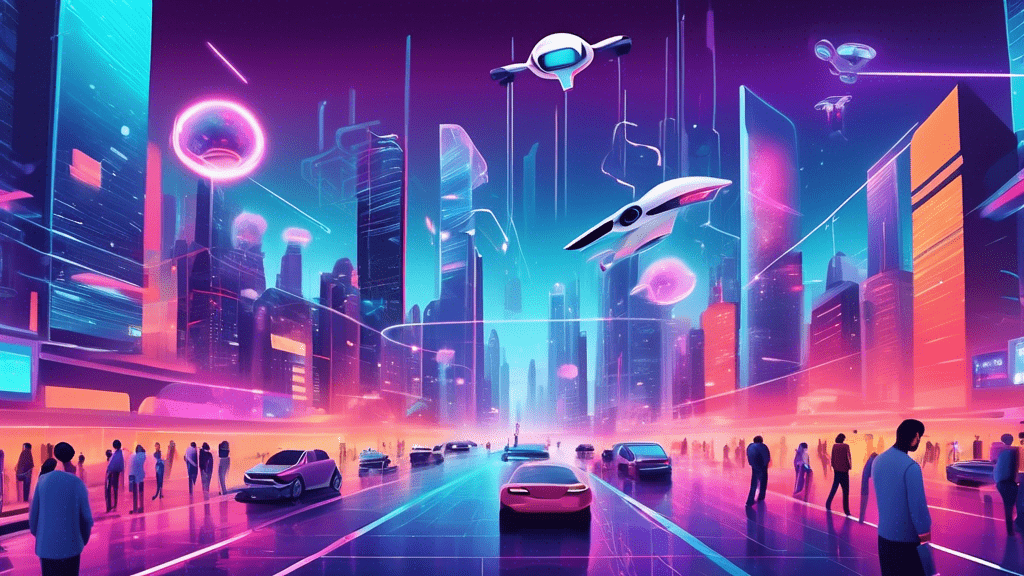 Create an image of a futuristic cityscape at dusk with drones flying above, people interacting with holographic interfaces on the streets, and autonomous cars navigating the roads, all under the theme of 'Emerging Tech Trends of the Year'.