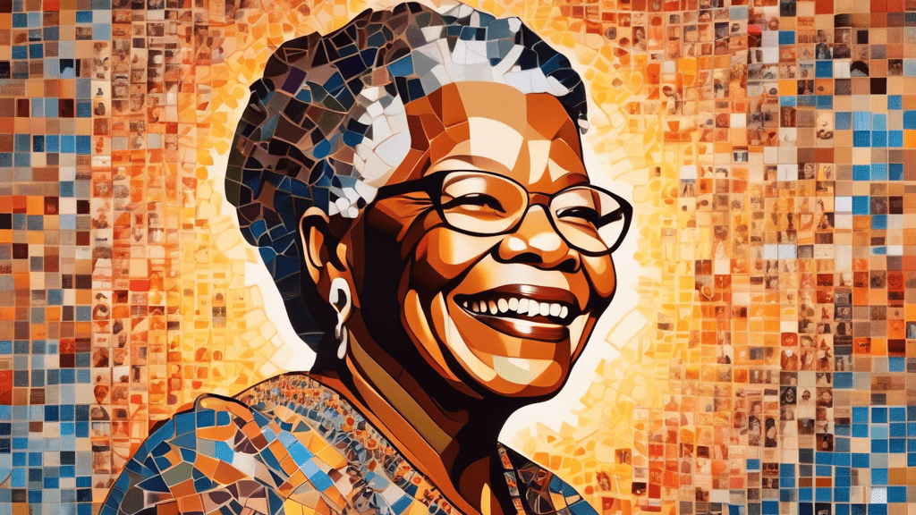 An illustrative portrait of Maya Angelou surrounded by a vibrant mosaic of her empowering quotes, set against a backdrop of a peaceful morning sunrise.