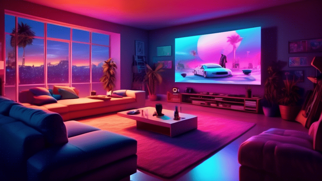 An ultra-modern living room at dusk, filled with advanced technology and entertainment devices, with a group of friends gathered around a holographic projection screen displaying a captivating movie scene, all illuminated by soft, ambient lighting.
