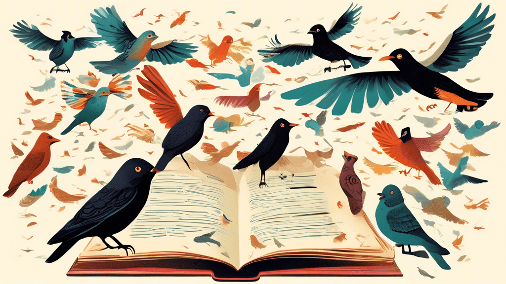 A whimsical illustration of various birds flying together over an open book, each grouped according to their unique collective noun, with labels floating beside each group like 'a murder of crows', 'an exaltation of larks', and 'a parliament of owls'.