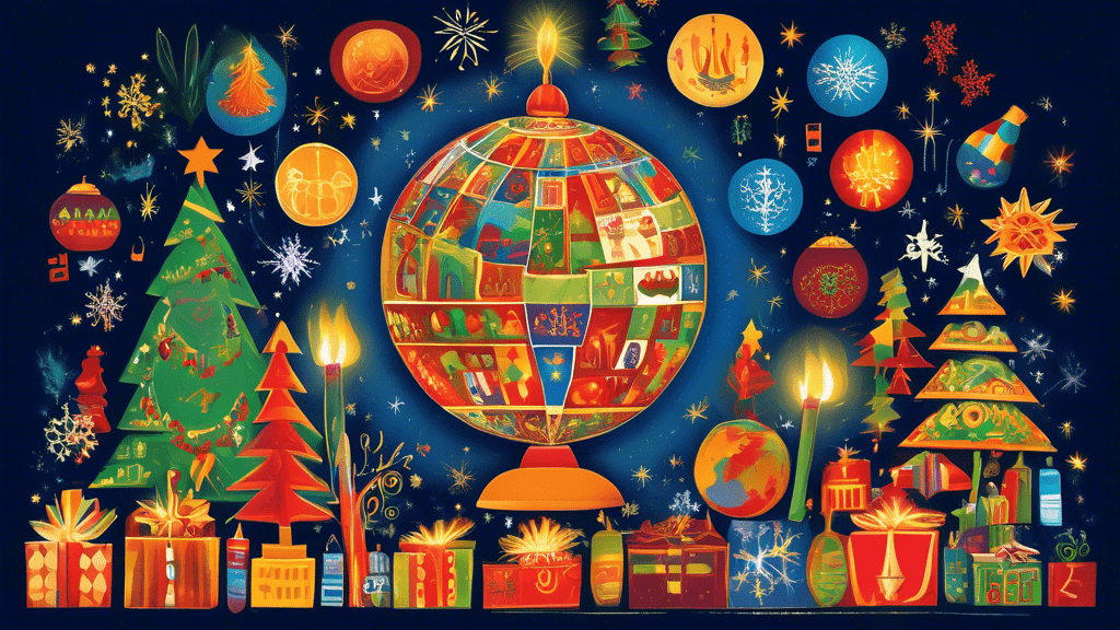 An artistic montage showcasing diverse December global holiday celebrations, featuring symbols such as Hanukkah menorah, Christmas tree, Kwanzaa kinara, and the Yule log, all unified around a glowing globe in the spirit of togetherness and cultural diversity.