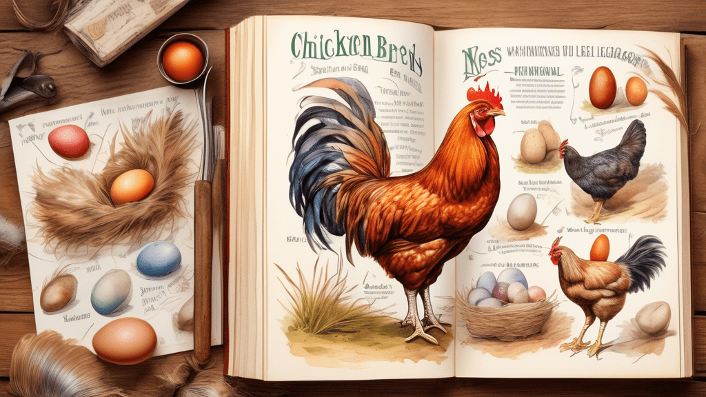 A vibrant, detailed illustration of an interactive guidebook open on a rustic wooden table, featuring watercolor depictions of various chicken breeds, each labeled with its name, including Silkies, Rhode Island Reds, and Leghorns, surrounded by farming tools, eggs in a nest, and feather quills, in a cozy barnyard setting.