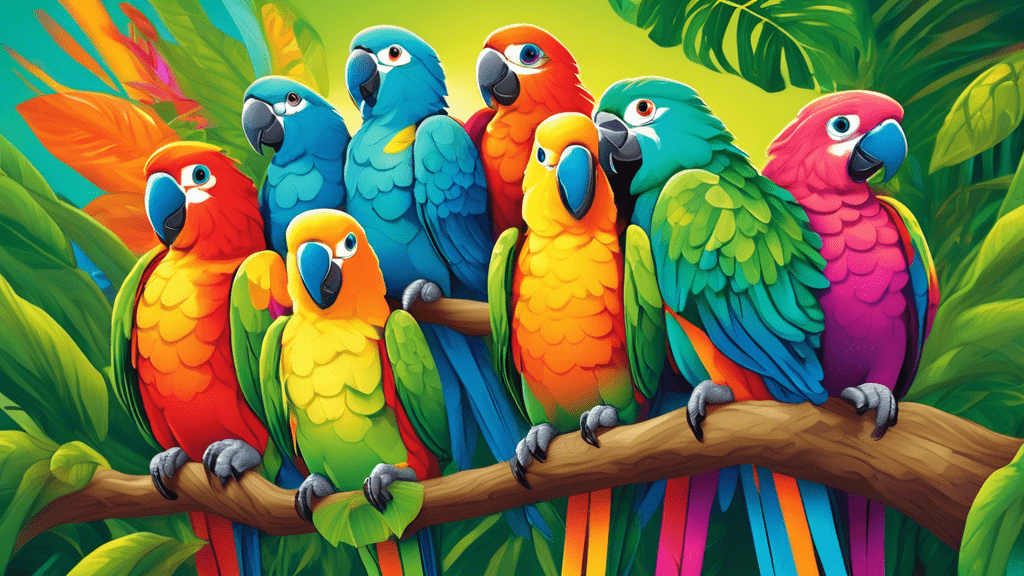 Create a vibrant image of a diverse group of parrots from around the world perched harmoniously together on a lush, green tropical tree, with a rainbow in the background.