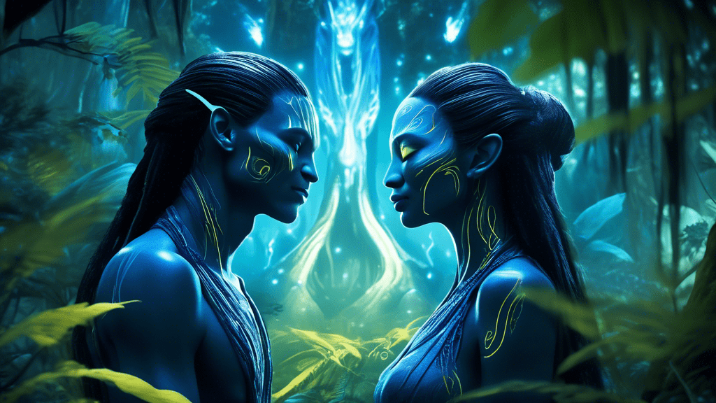 An ethereal rendering of a Na'vi couple locking eyes in a luminescent Pandora forest, symbolizing deep connection and understanding, with 'I See You' written in elegant script above them.
