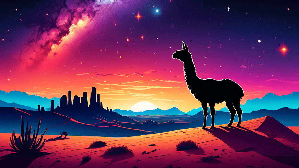 Vibrant sunset over the expansive deserts of South America, with a silhouette of a lone llama in the foreground and ancient ruins in the distance, under a sky filled with stars and the Milky Way.