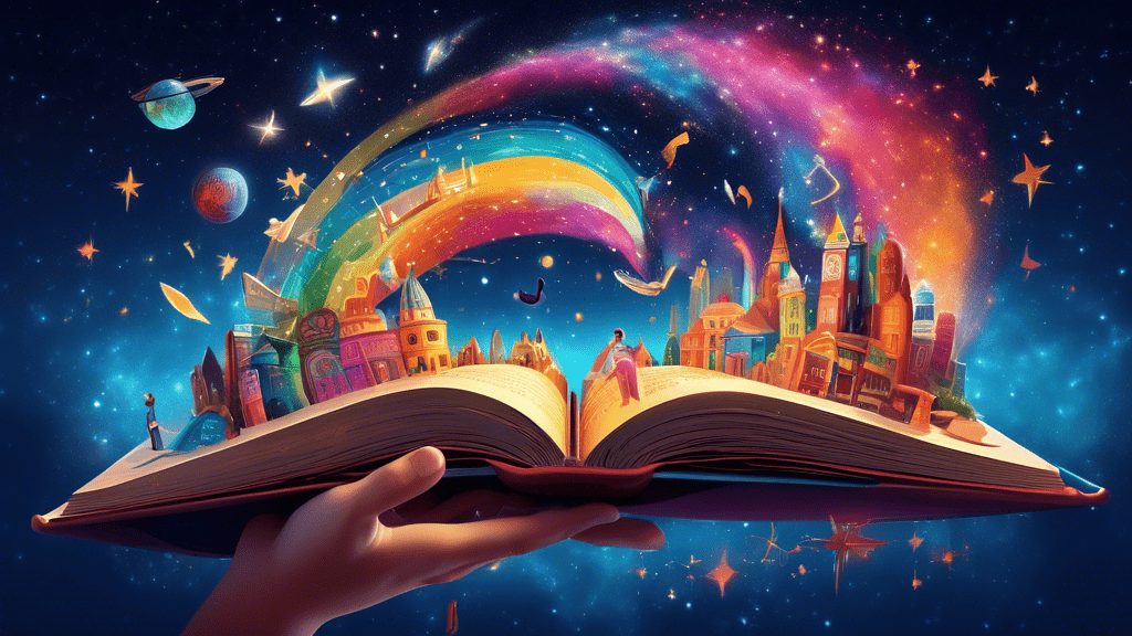 An imaginative and colorful illustration of a person flipping through a magical book, each page coming to life with 3D interactive features representing different cultures and landmarks from around the world under a starry sky.