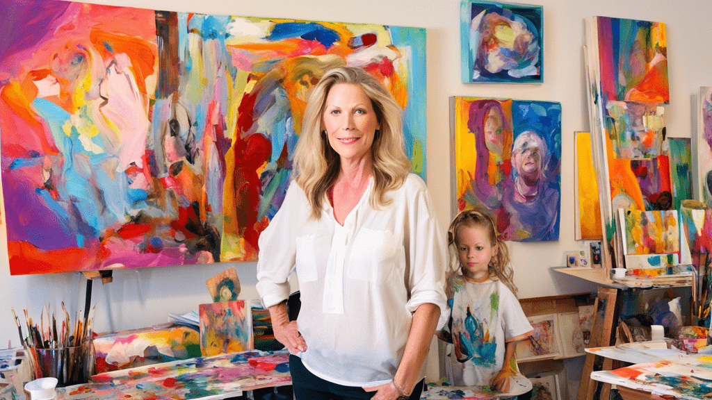 Colorful abstract portrait of Deborah Elizabeth Sawyer in her art studio surrounded by her paintings and her children, illustrating her dual role as an artist and a mother.