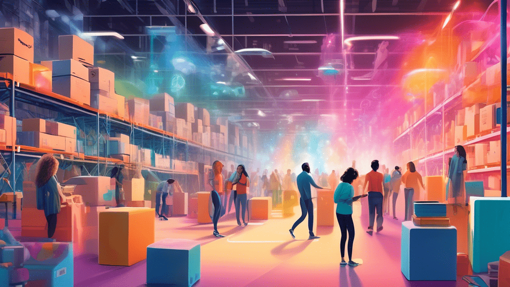 Create an image depicting various Amazon products coming to life and joyfully interacting with Alexa in a colorful, bustling Amazon warehouse, while a mysterious, ethereal being made of light, named Airl, observes from above.