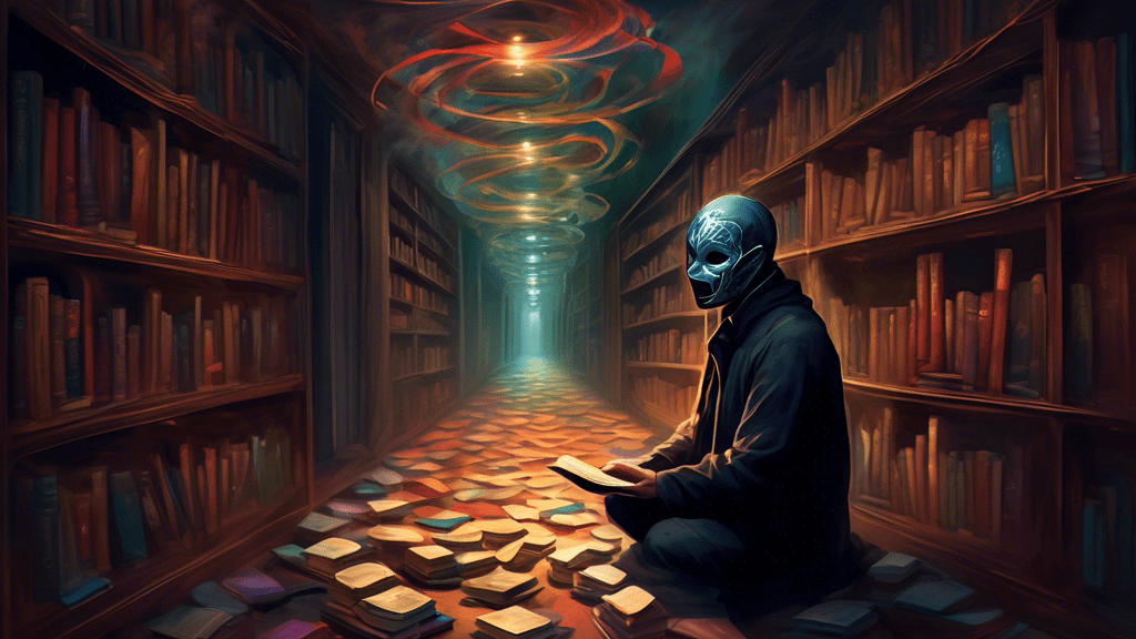 An enigmatic and shadowy figure surrounded by a swirl of whispered secrets and mystery books, with a cracked mask of silence floating above, set in a moody, dimly lit library corridor.