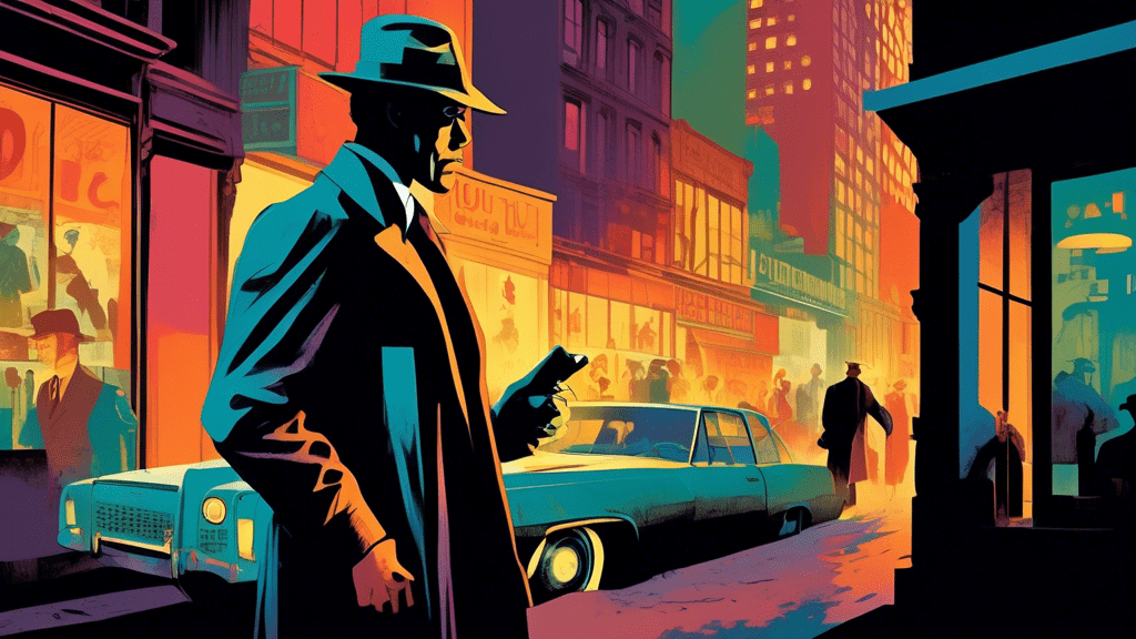 A vintage detective investigating a mysterious case in 1970s New York City, with suspenseful shadows and hidden clues, encapsulating the essence of 'Lou'.
