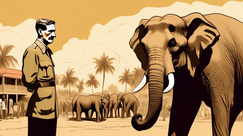 Visual representation of George Orwell as a conflicted British officer in colonial Burma contemplating before an elephant under the intense gaze of local residents, with a vintage 1930s sepia tone.