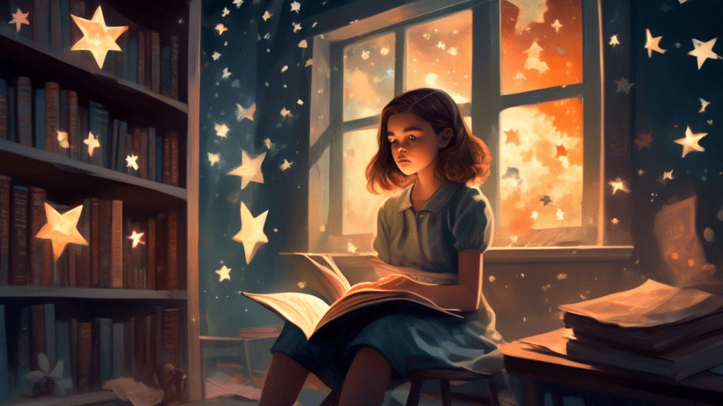 A young girl reading 'Number the Stars' inside a cozy, dimly lit library corner, with transparent ghostly images of World War II events and Danish Resistance members floating around her, blending fact and fiction.