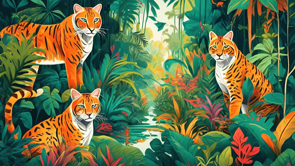 An artistic illustration of different species of wild cats native to Asia, wandering gracefully through a lush, vibrant jungle landscape.