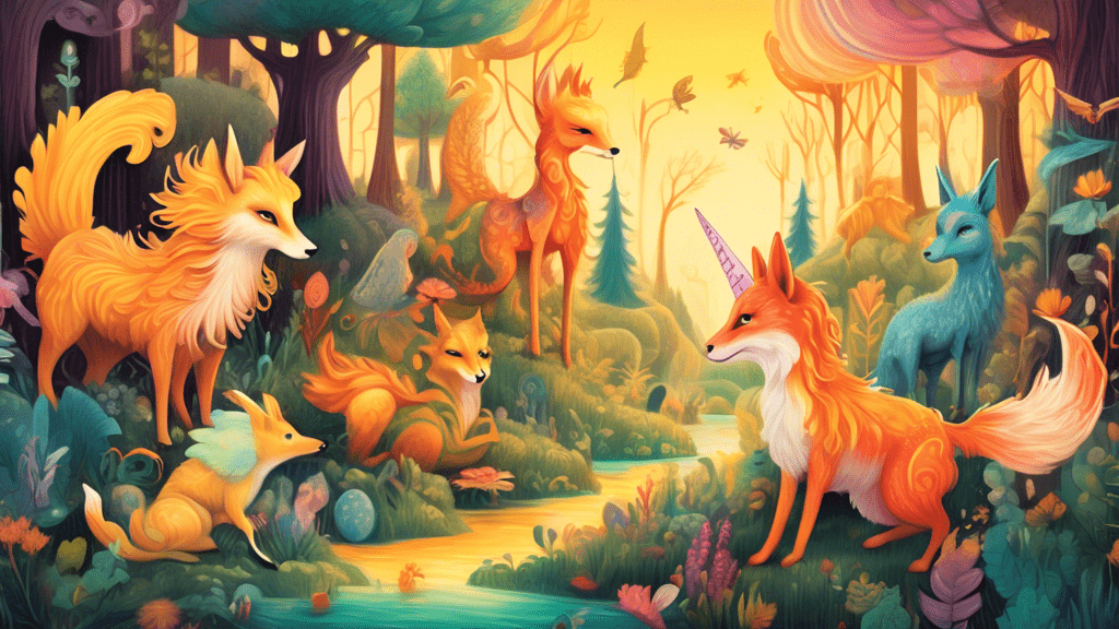 A whimsical illustration of a fantasy forest filled with colorful, fictional animals whose names start with the letter F, including a flying Flufflefox, a Fiddlehead Dragon, and a Flutterwing Unicorn, all peacefully coexisting in an enchanted landscape bathed in the golden light of sunset.