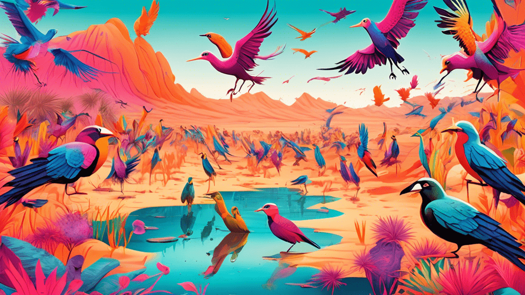 A vibrant oasis in a vast desert, teeming with a variety of colorful, feathered birds thriving amidst the challenging conditions, showcasing their resilience and adaptation.