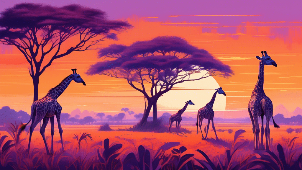 A serene savanna landscape at golden hour, featuring a family of giraffes gracefully exploring the area, with a detailed focus on their long necks reaching for the leaves of tall trees, under a sky painted with hues of orange and purple.