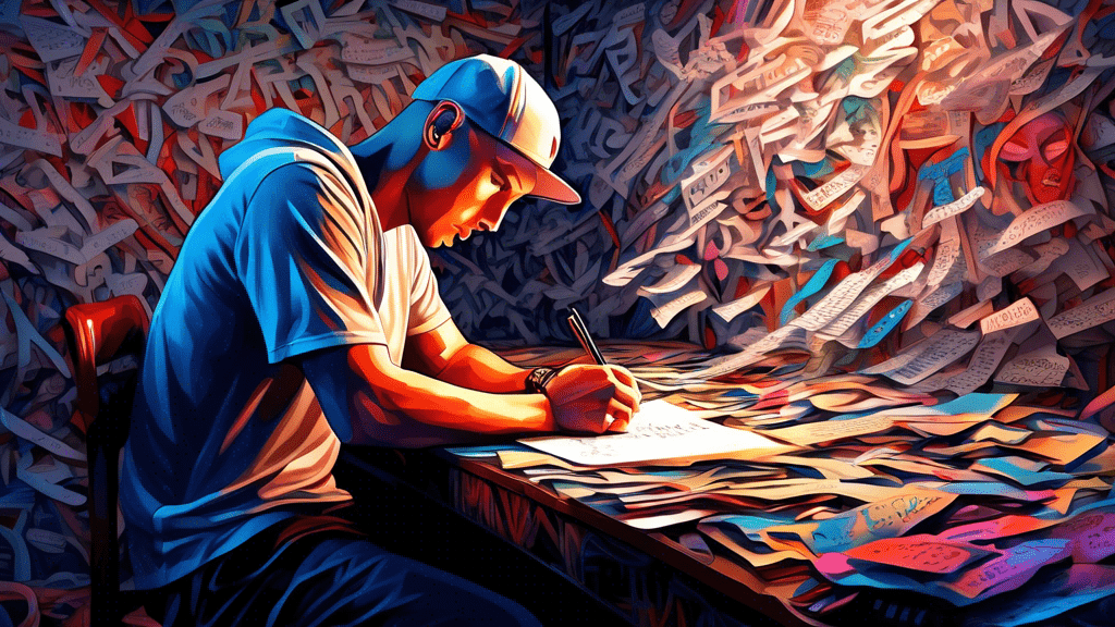An intricate digital painting of Eminem writing lyrics in a dimly lit room, surrounded by a sea of fan letters, with the shadowy figure of 'Stan' looming in the background, encapsulating the haunting intensity of inspiration meeting obsession.
