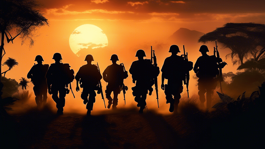 A cinematic and intense image of a group of soldiers navigating through a dense African jungle under a dramatic sunset, with the silhouettes of the individuals highlighted against the setting sun, evoking the themes of 'Tears of the Sun'. Make sure the sunset casts long shadows, adding a mysterious and powerful ambiance to the scene.