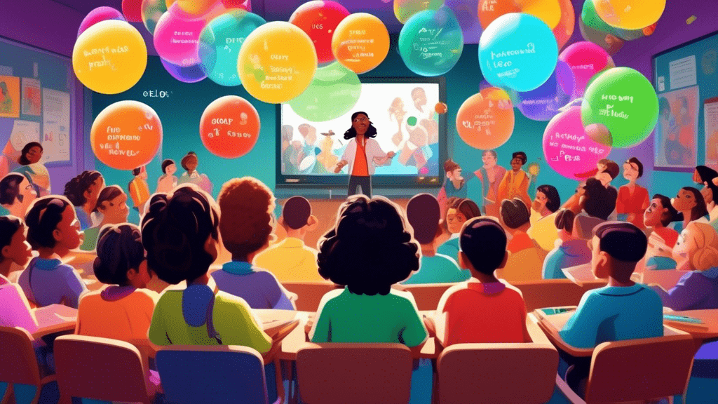 An imaginative classroom scene where students of diverse backgrounds are joyfully watching a classic English movie, with subtitles and vocabulary notes floating around them in colorful, animated bubbles.