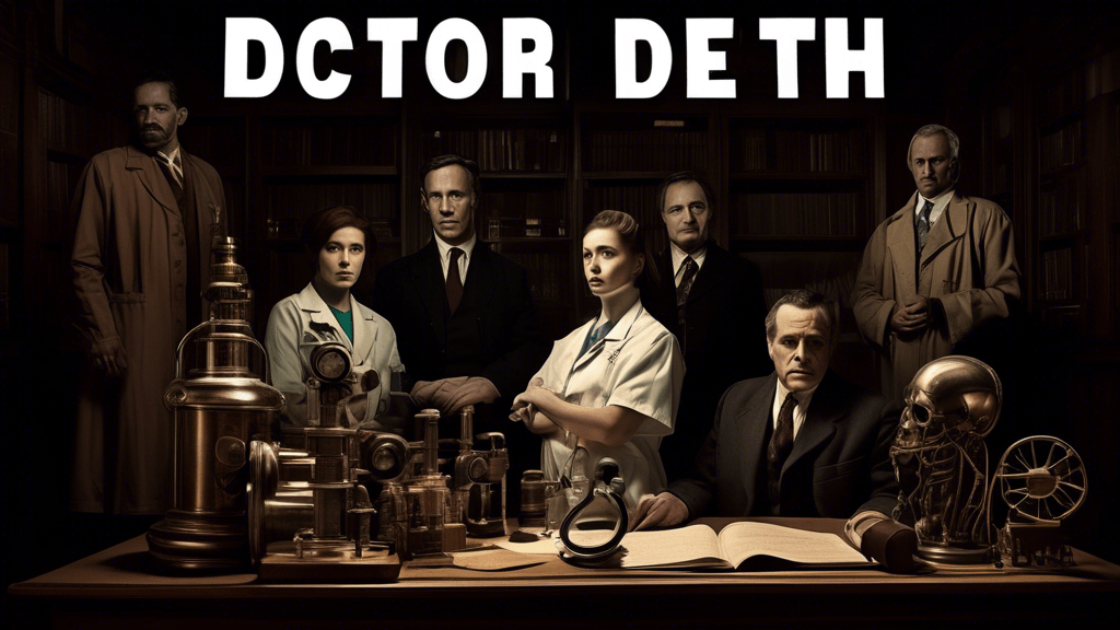 A dramatic portrait of actors in character, surrounded by vintage medical equipment and courtroom elements, with a shadowy figure ominously looming in the background, all under the title 'Doctor Death'.
