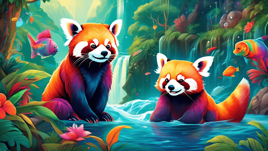 Create a vibrant, whimsical gallery featuring a smiling red panda, a regal rhinoceros, and a radiant rainbow trout, each illustrated with exaggeratedly charming characteristics and set against a backdrop of lush, mysterious jungles and sparkling, rushing rivers, embodying the essence of adventure and discovery.