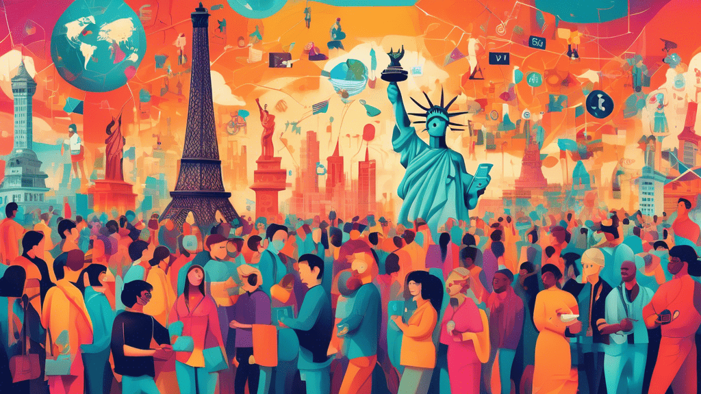 A vibrant digital painting illustrating diverse groups of people on different social media platforms forming large, interconnected networks that blend into a global map, with iconic landmarks such as the Eiffel Tower, the Statue of Liberty, and the Great Wall of China in the background, symbolizing the worldwide influence of social media on politics.