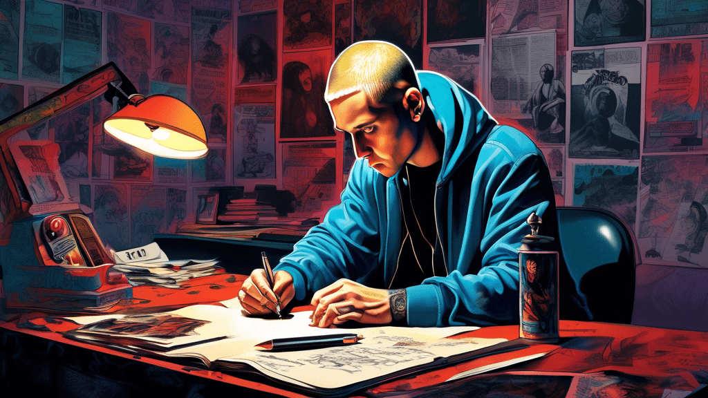 Create a dramatic illustration of Eminem sitting at a dimly lit desk, writing lyrics with a look of deep concentration, while behind him shadows reveal a visual narrative of the story of 'Stan', including a figure hunched over a writing desk surrounded by Eminem posters and the haunting image of a car sinking underwater.