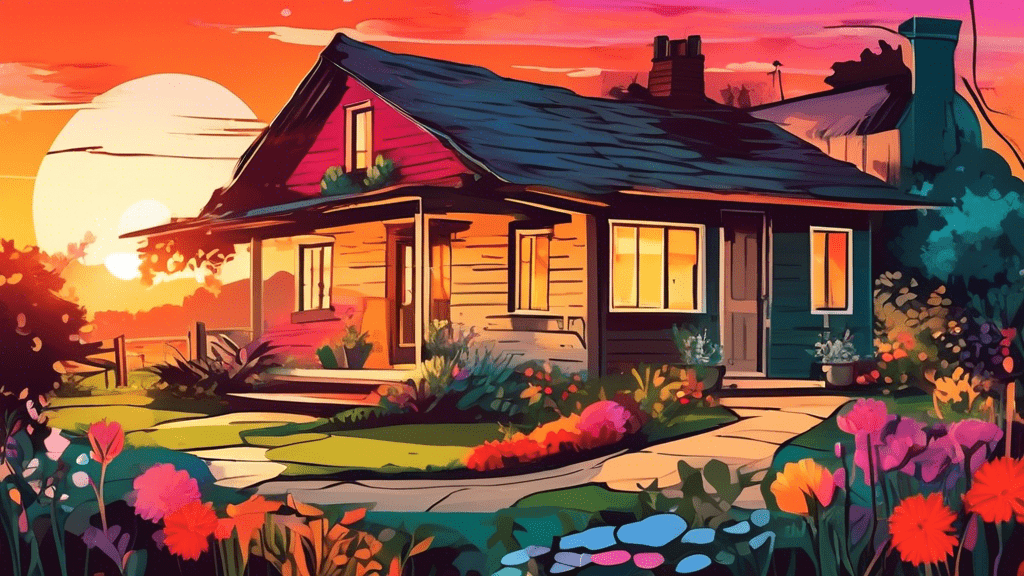 An illustrated rustic cottage surrounded by a vibrant, welcoming garden under a warm sunset, embodying the essence of 'A Place to Call Home'.