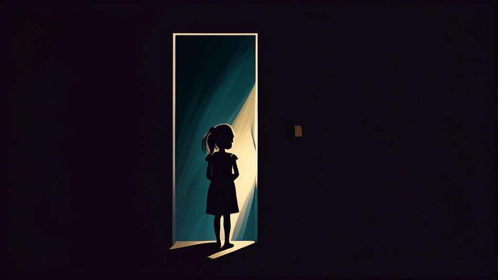 An evocative illustration showing a silhouette of a young girl peeking out from a partially opened dark closet, with light rays breaking through the darkness, symbolizing hope amidst despair.