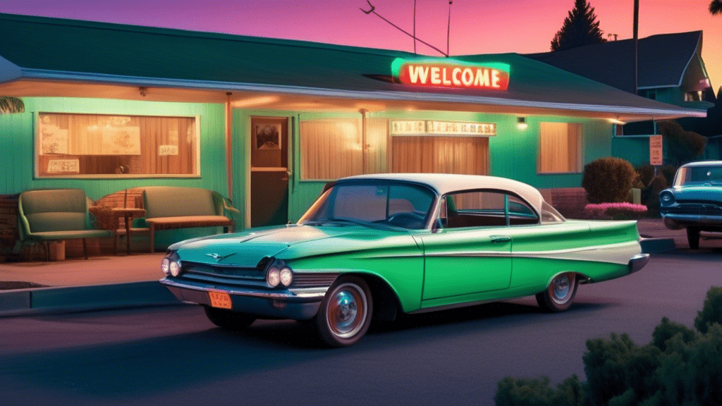 Create an image of a classic car from the 1960s parked in front of a small, inviting motel with a neon sign that reads Welcome! Listed in The Green Book. The setting is a peaceful twilight, with a diverse group of travelers gathering around the car, exchanging stories and laughter, underscoring the sense of community and safety provided by The Green Book during segregation-era America.