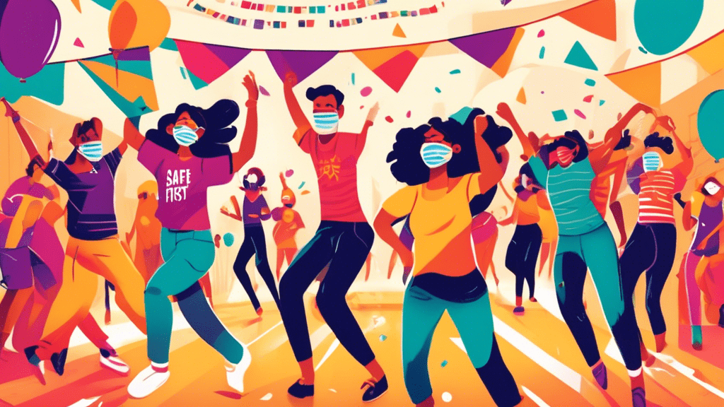 Colorful illustration of a cheerful college dorm party with students dancing and playing games while wearing masks, featuring a banner in the background that says 'Safety First!'