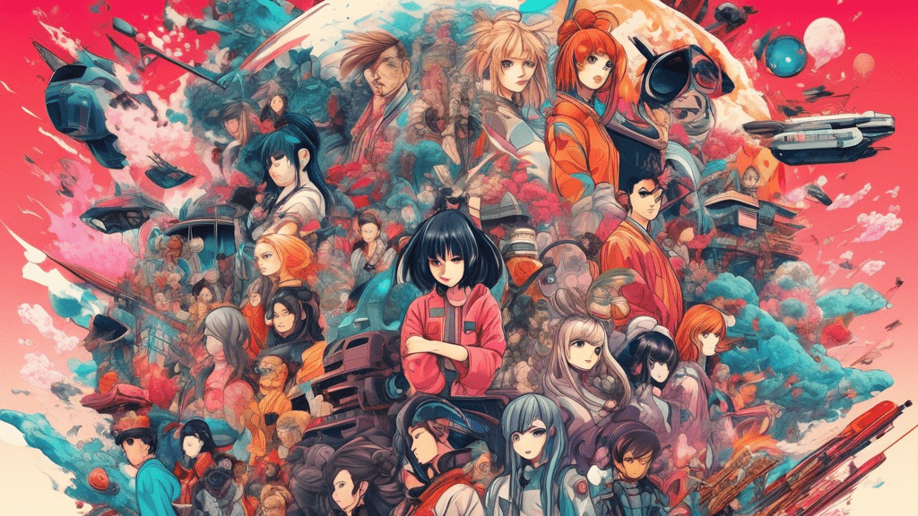 Create an intricately detailed, vibrant digital collage featuring a diverse array of the top 50 anime characters of all time, each showcasing their unique abilities and personalities, set against an epic, futuristic Tokyo backdrop that blends traditional Japanese elements with sci-fi aesthetics.