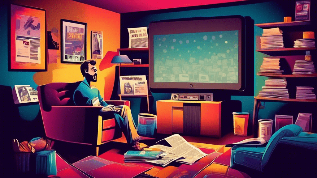 An avid movie enthusiast surrounded by newspapers, laptops, and screens displaying the latest film releases and announcements, in a cozy, well-lit home theater room.